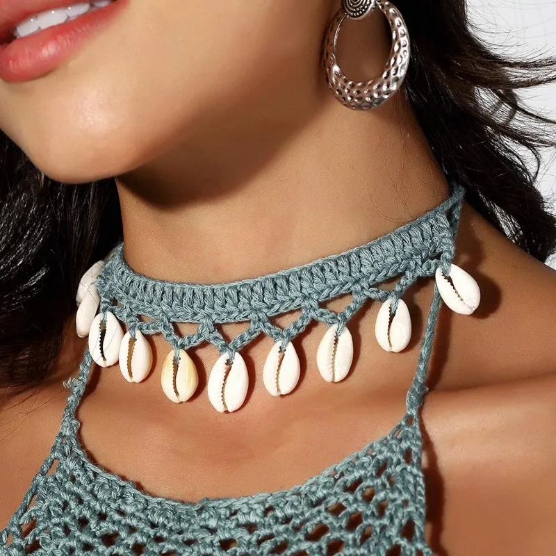 Collar de conchas bohemias para mujer, Gargantilla de cadena de cuerda tejida a mano, collares de cuentas de playa de verano, joyería