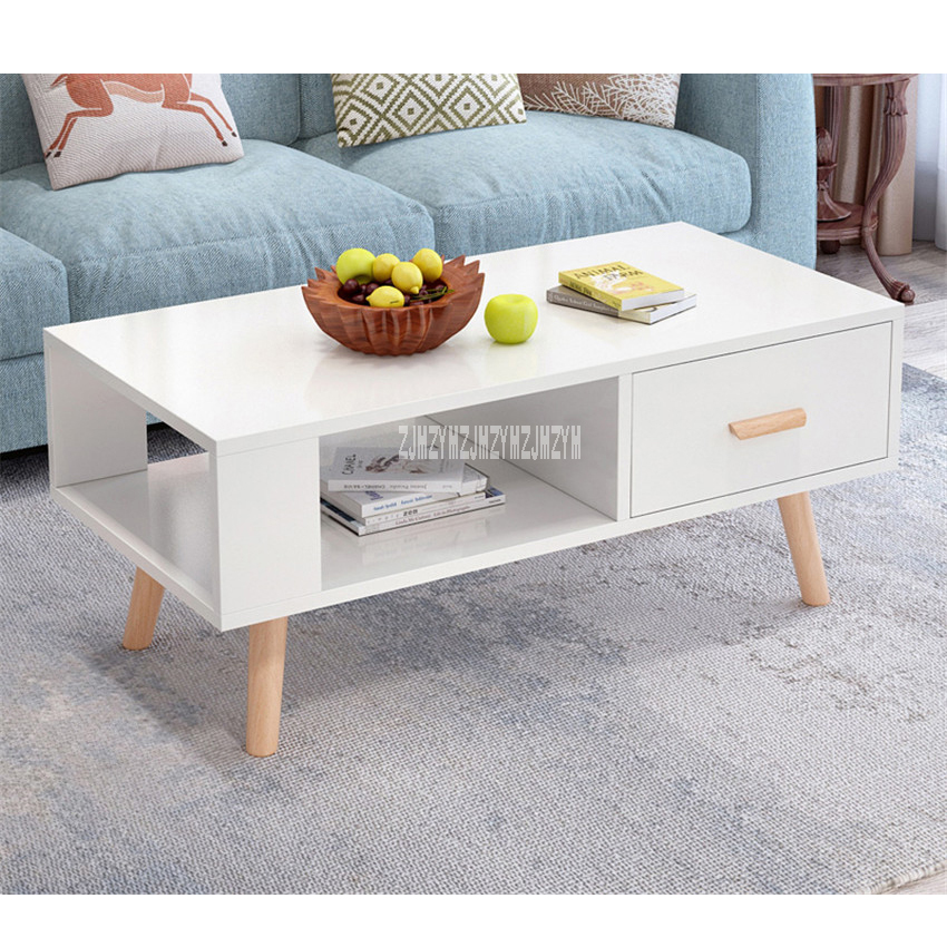 BO-003 Minimalist Modernity Coffee Table Rectangular Teapoy 1-Drawer Modern Living Room Side Table Solid Wooden Leg Tea Table