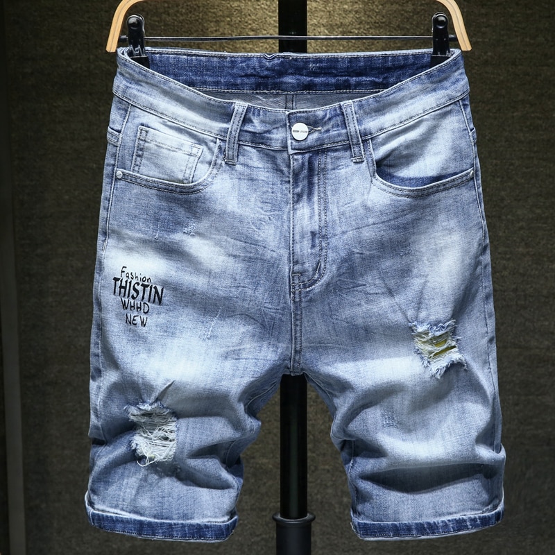 Sommer mænds slanke lyseblå denimshorts afslappet stretch-hul korte jeans tøj af mænds mærke