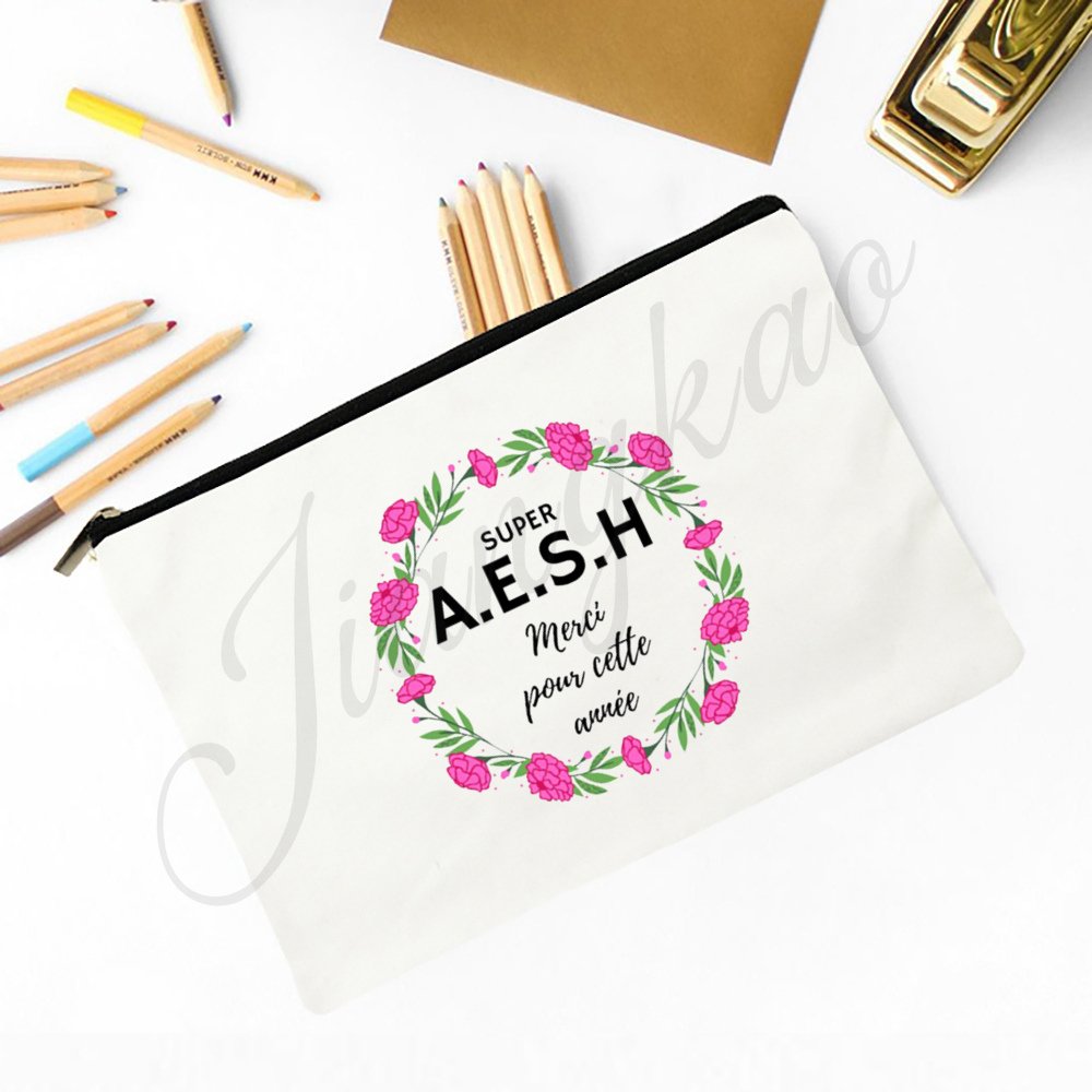 Franse bedrukte make-uptas Reizen Neceser Reistoilettas Organisator Schoolpotloodzakken Afstudeercadeau voor Maitresse Atsem Aesh Avs: Light Grey