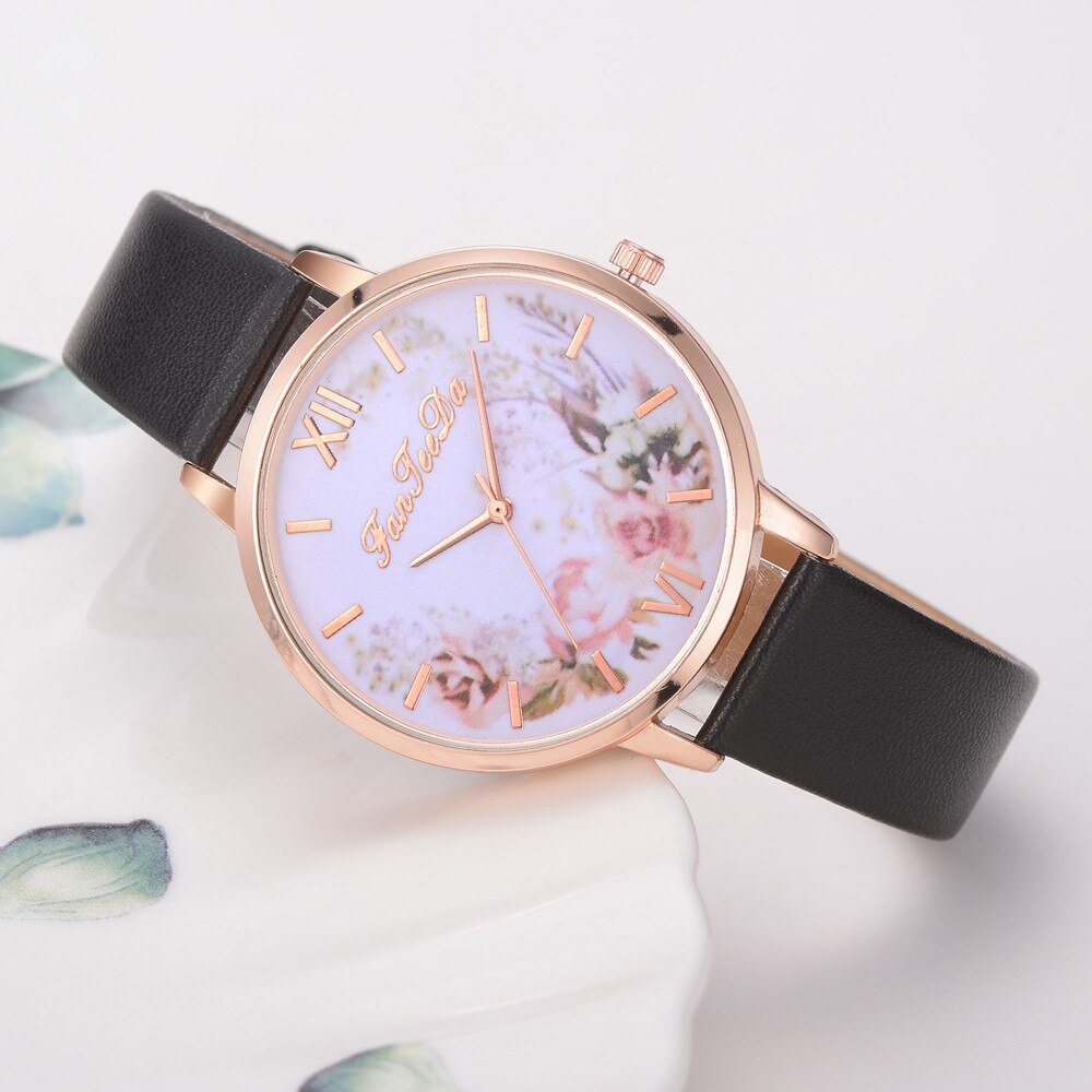 Dames Horloges Vrouwen Gedrukt Bloem Polshorloge Luxe Casual Quartz Lederen Polshorloge Mode Vrouwelijke Jurk Klok: Black