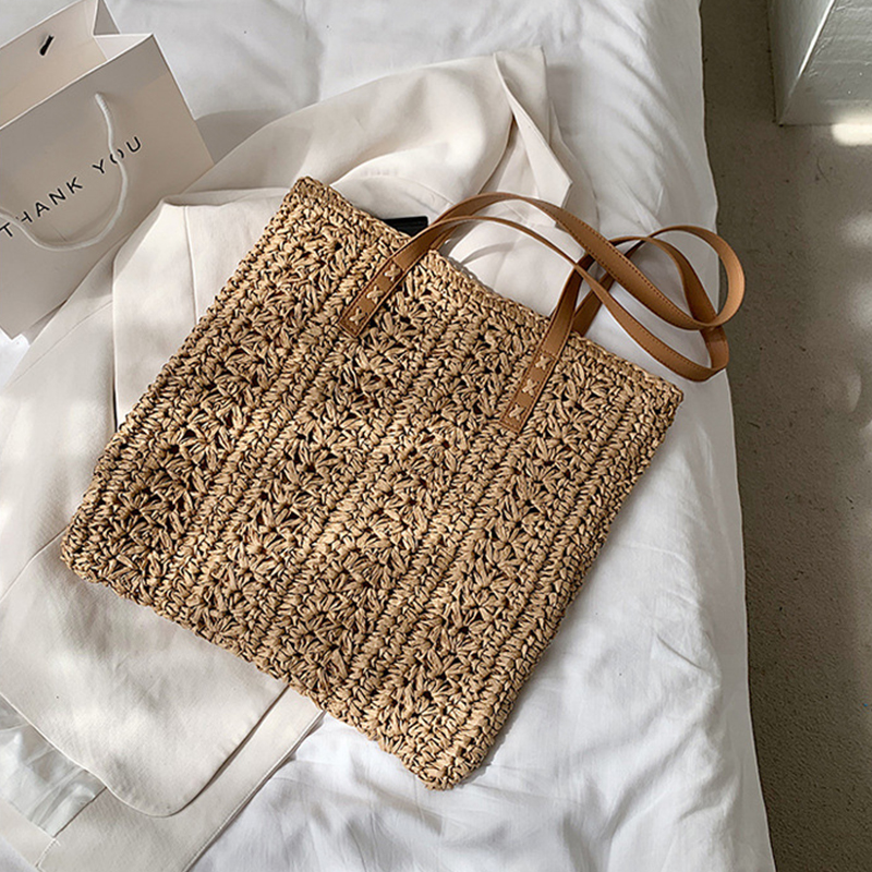 Sac de paille ajouré pour femmes, sac à bandoulière de grande capacité fait à la main en rotin, fourre-tout de voyage tissé plage Shopping,: khaki