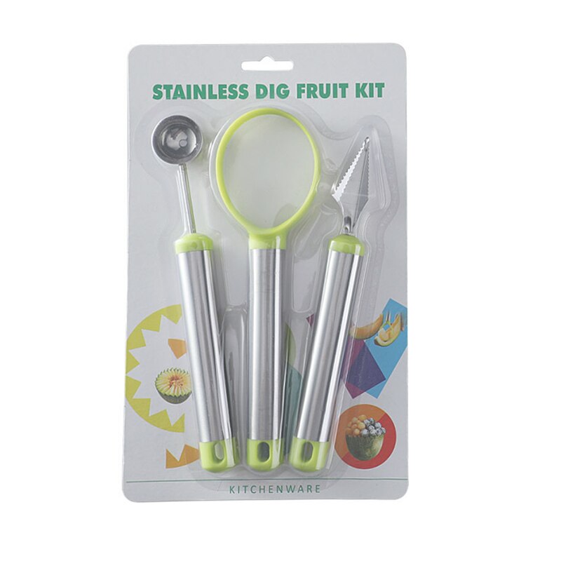 Stainless steel fruit ball digger set watermelon spoon platter tool cut flower artifact set carving knife watermelon cut: 3piece set green