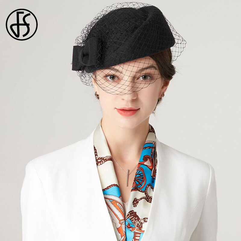 Fs Dames Baret Hoed Met Sluier Zwarte Tovenaar Hoeden Voor Vrouwen Winter Fedora Hoed Strik Wol Bruiloft Kerk Bunker Hoeden rood: Black