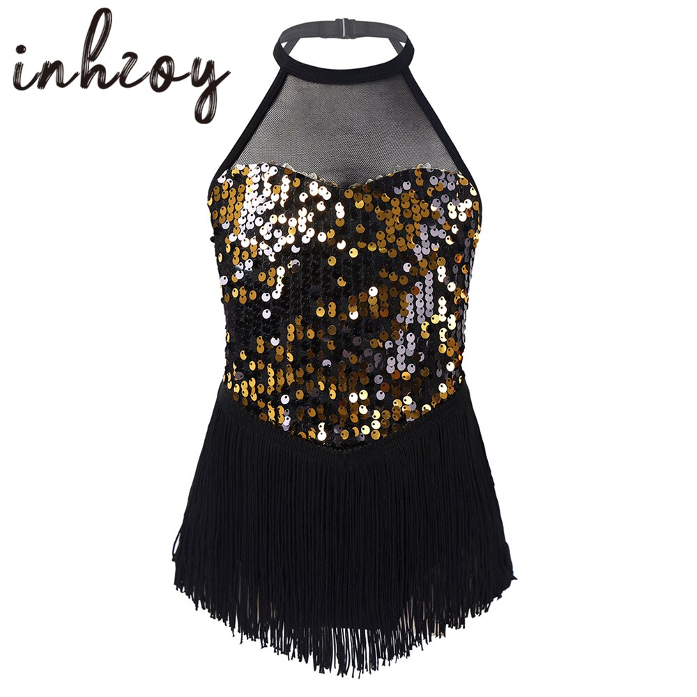 Enfants Paillettes Frange Sans Manches Justaucorps De Gymnastique pour Filles Ballet Rumba Salsa Jazz Danse Latine Robe Scène Performance Costume