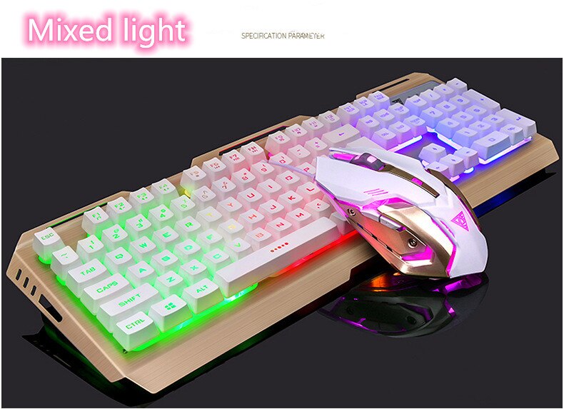 V1 USB Wired Gaming Keyboard Ergonomic Backlit Mechanical Feel and Mouse Set Tungsten Gold Gamer Laptop Computer Gaming Set: white Mixed light