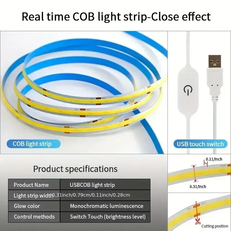 Usb 5v cob led-stripelys berøringssensorbryter dimbar diodelys for hjemmet julelys hjem rom festdekor
