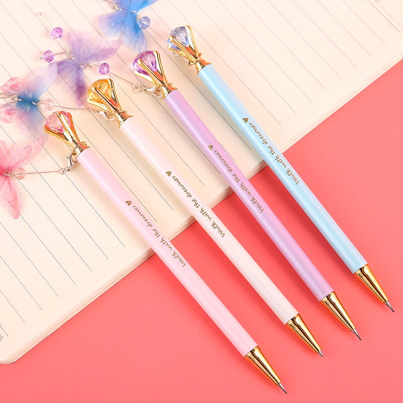 Schmetterling Diamant Metall Mechanische Bleistift Nette Anhänger Automatische Stift Mit Kristalle Kawaii Büro Schüler Lieferungen: 4Stck