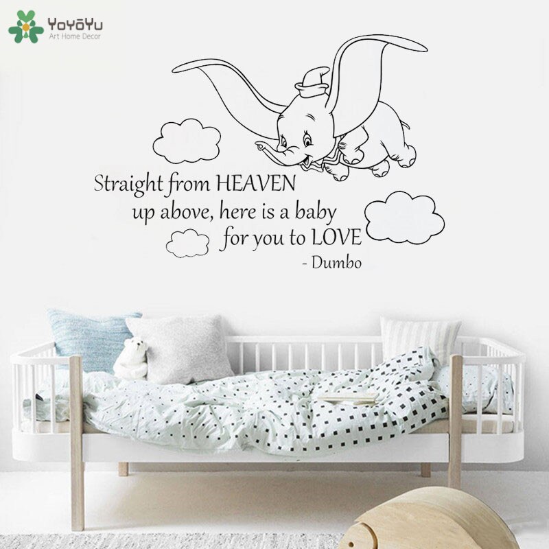 Dumbo Quote Wall Stickers Baby Girls Boys Bedroom Living Room Nursery Wallpaper Cute Elephant Pattern Home Decoration QQ530