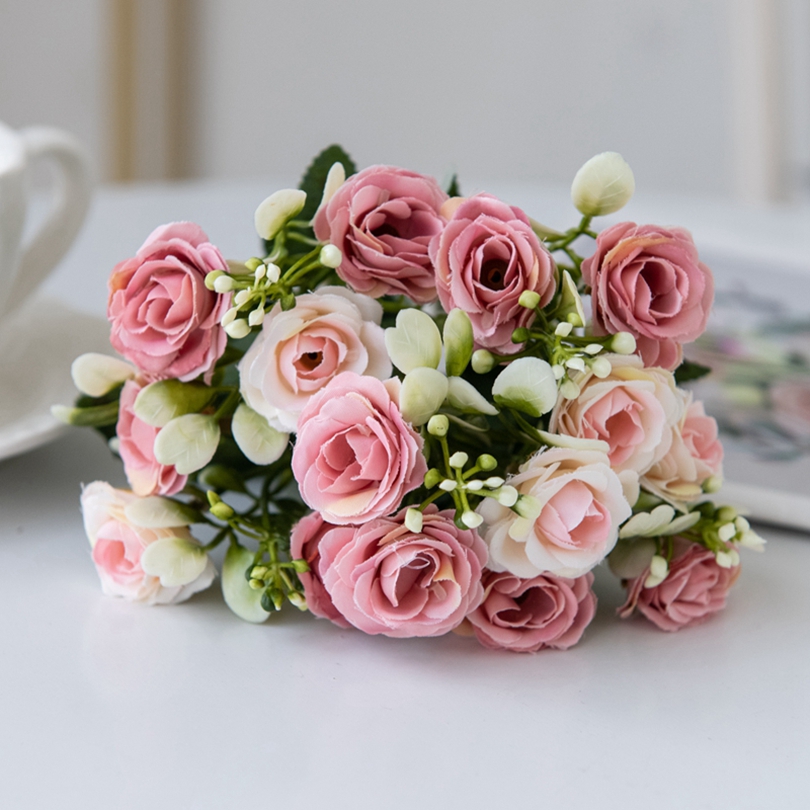 5 fork 15Head Silk Rose For Wedding arch Christmas Wreath Decoration Home Living Room bonsai Photography prop Artificial Flowers: Pink