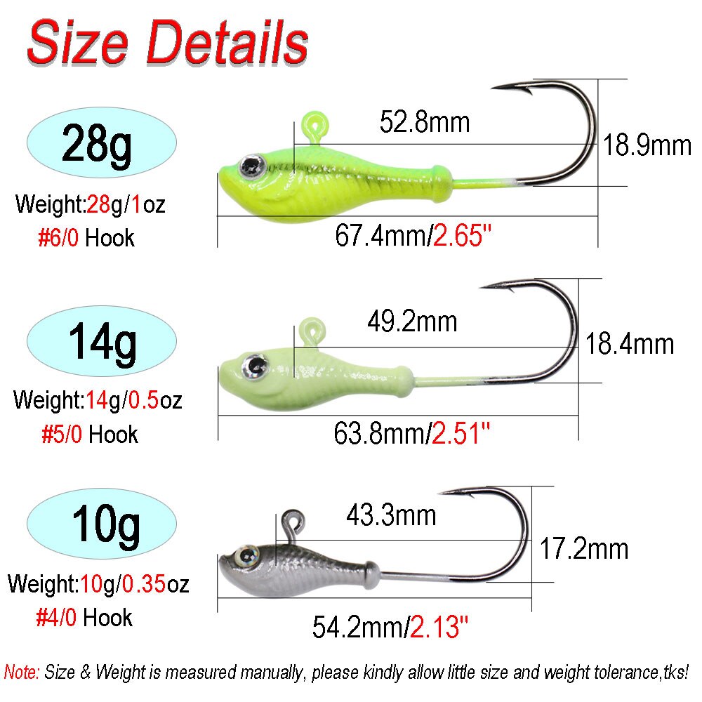 ICERIO 3 stücke 10g 14g 28g glühen Angeln Locken Metall Swimbait Jig Köpfe Haken Bucktail Jig Köpfe salzwasser Wackeln Köder Halfter Haken