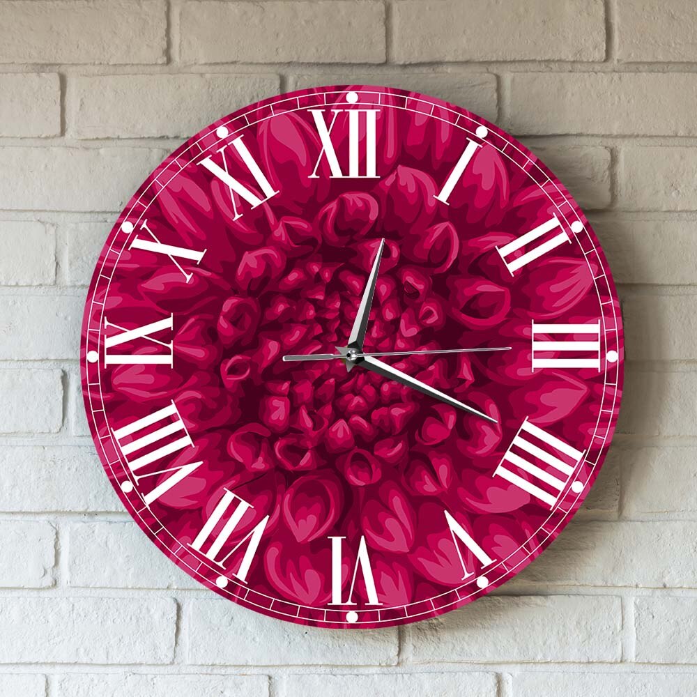 Flower Printed Clocks Modern Beautiful Pink Dahlia Large Round Clock Wall Watch Floral Pettern Beauty in Nature Horologe