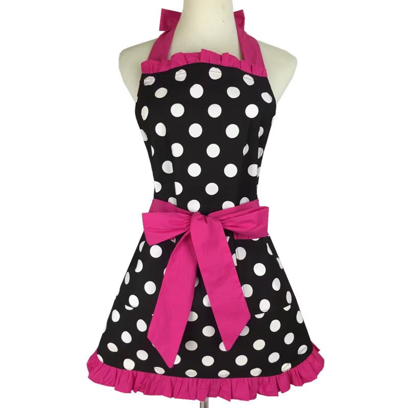 Retro forklæde til kvinder super sød og sjov sløjfe med lomme justerbar bomuld polka prikker sarte hemline madlavningsforklæder: Rosenrød