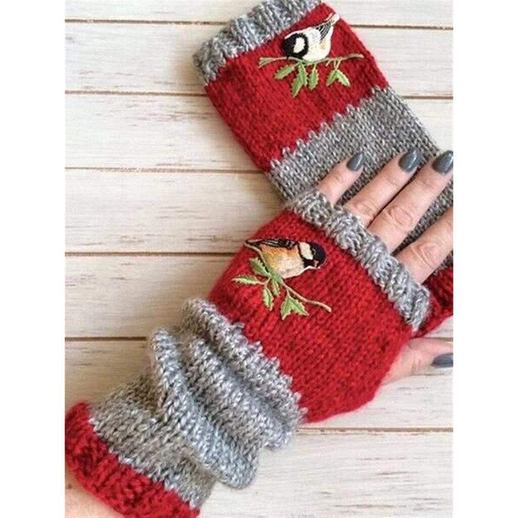 Guantes de punto con bordado de pájaros para mujer, guantes de punto sin dedos y de terciopelo con empalme de bloque de Color, guantes para mujer, guantes de Rekawiczki Damskie: Red