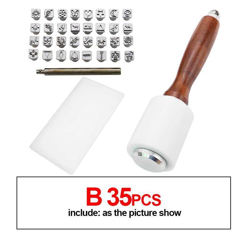Stylish Leather Engrave Stamping Tools with Hammer and Board, Handmade Special Print on Bag or Leather Fabric, Leather Supplies: B 35PCS