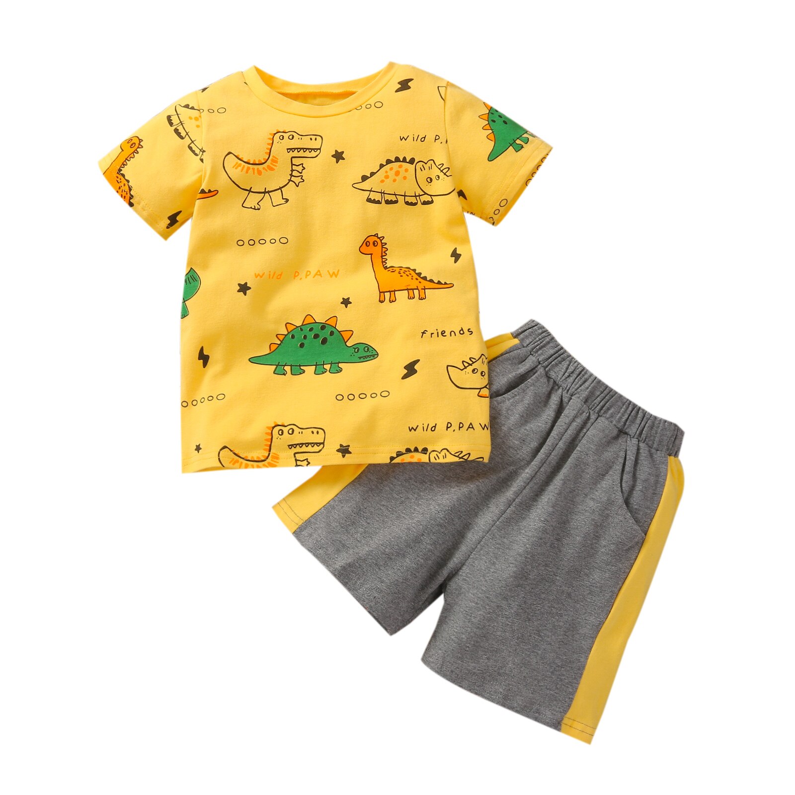 2Pcs Fashionable Little Boys Outfit, Summer Toddlers Round Collar Dinosaur Printing Short Sleeve Top + Casual Shorts Set