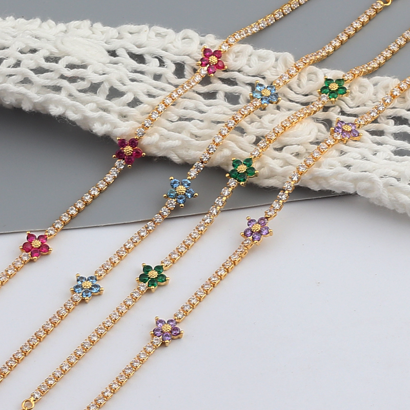 Lente Nieuw Aangekomen Party Sieraden Prong Set 5A CZ Tennisketting Regenboog Daisy Flower Charm Kleurrijke Regenboogarmband