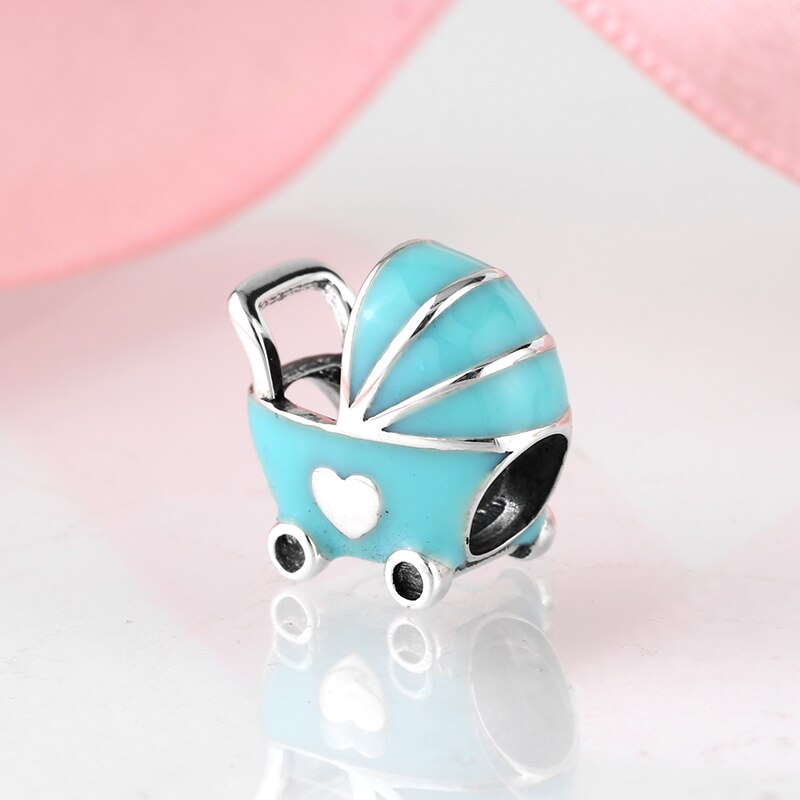 blue enamel Baby carriage 925 Sterling Silver fine Beads Fit Original JIUHAO Charm Bracelet Jewelry making