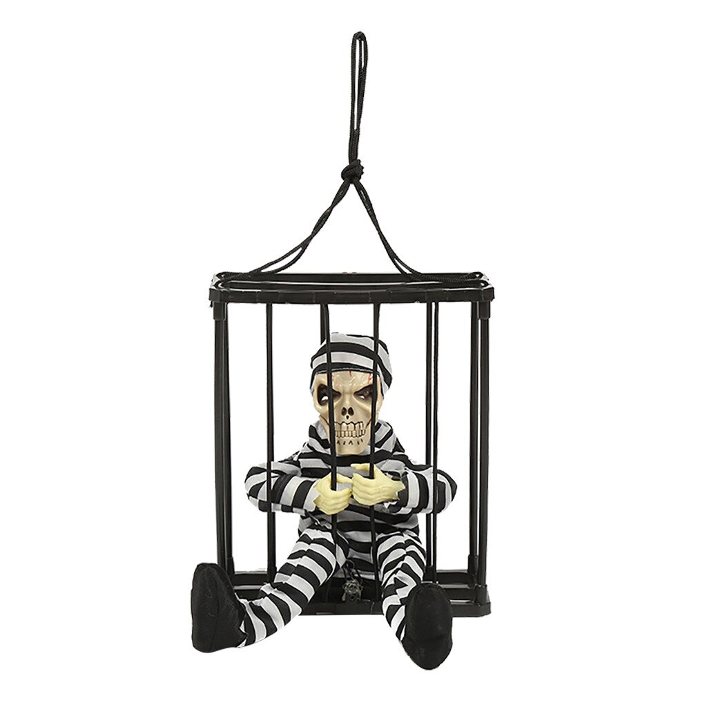 Halloween Hanging Voice-Control Skeleton Prisoner Dressing With Prison Clothes Red Glowing Eye The Skull In Prison shout Decor: B