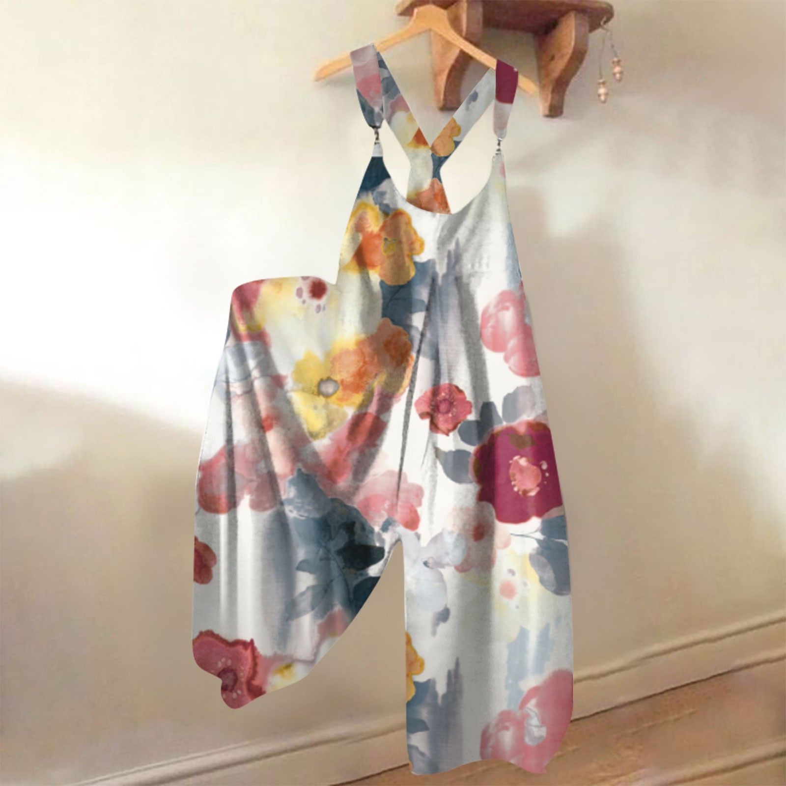 Brede overalls til kvinder, afslappet, løse ærmeløse jumpsuits med retroprint, metalknapper, lange bukser med lommer: S / Orange
