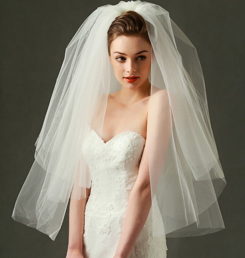 Witte ivoren bruidssluiers, eenvoudige tweelaagse tule bruidssluiers, gesneden rand, ellebooglengte sluier bv -075