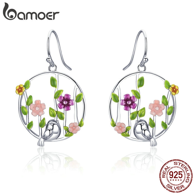 BAMOER Genuine 925 Sterling Silver Blooming Forest Birds Secret Earrings for Women Sterling Silver Earrings Jewelry SCE480