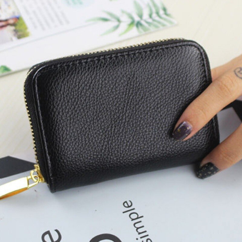 Men Business Card Holder PU Leather Credit Card Holder Women Zipper Pocket Unisex Card Case Zipper Coin Purse Mini Wallet: Black