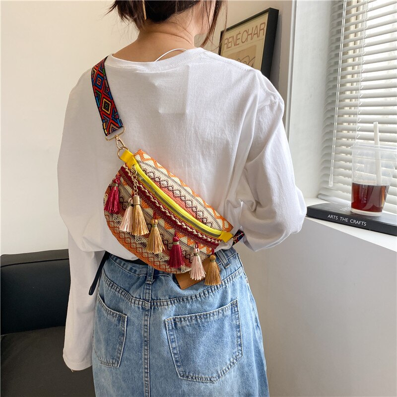 Dame boheme fanny pack kvinder piger crossbody pung broderi boho talje pung bum taske med kvast
