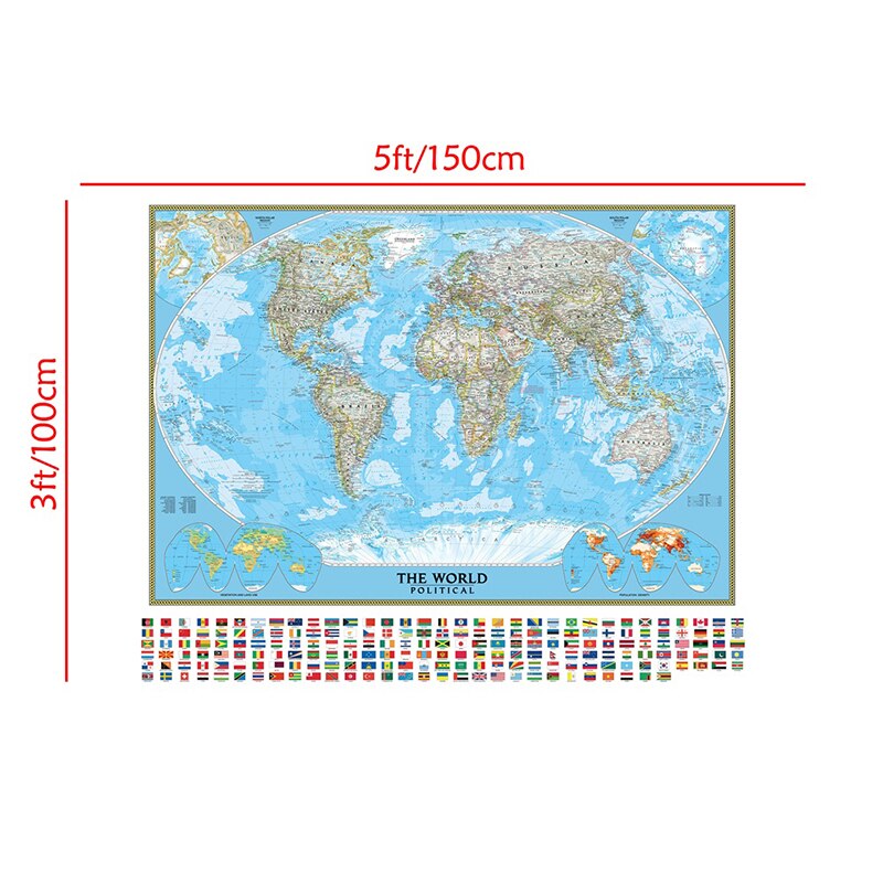150x100cm World Political Map with Vegetation Cover and Population Density Goode Projection World Map Wall Sticker for Education