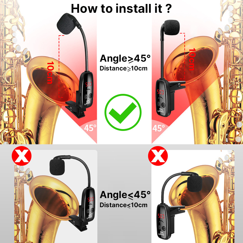 Uhf Draadloze Instrumenten Saxofoon Microfoon Voor Speaker Professionele Musical Orkest Trompet Met Ontvanger Afneembare Clip