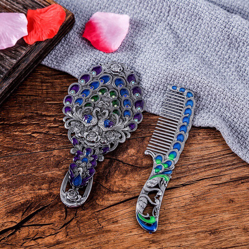 Makijaż lustro chiński Vintage Hollow-out rzeźba Rhinestone lustro zestaw grzebieni z pudełko eleganckie z kieszeniami lustro dla kobiet: 2