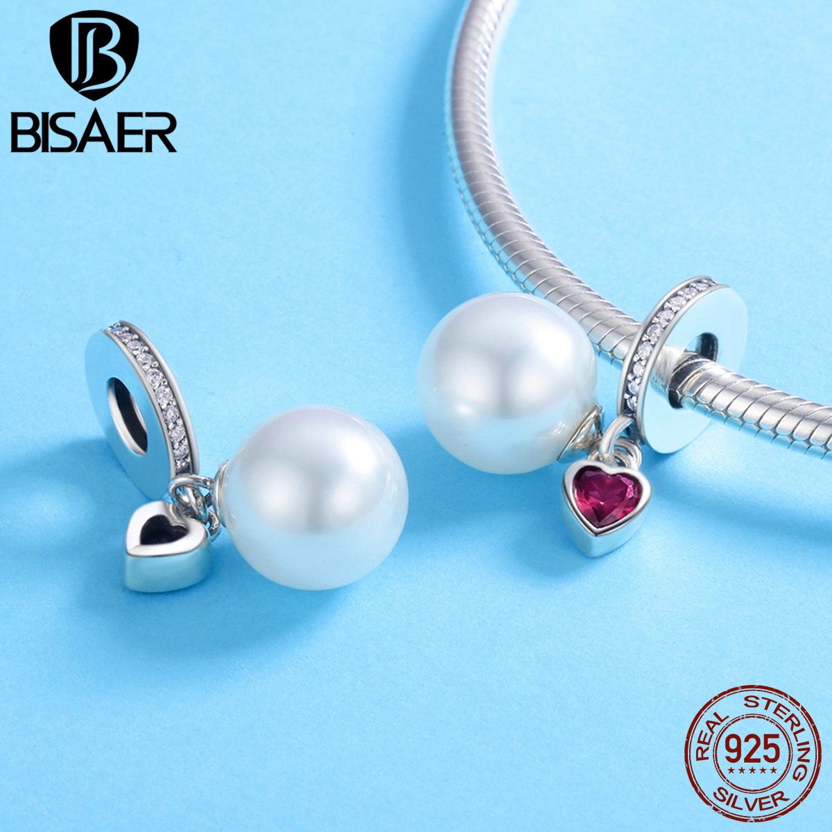 BISAER 925 Sterling Silver Blooming Pearl Pink Heart Charms Beads Fit Original Charm Bracelet Silver 925 Jewelry Making ECC782