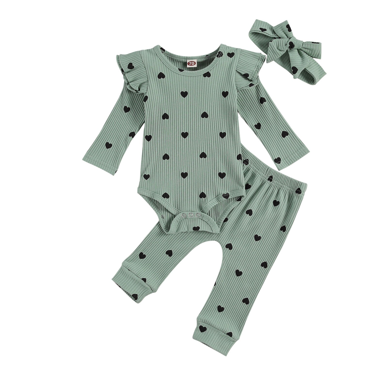 Mise au point 0-24M -né bébé filles garçons vêtements ensembles 3 pièces coeur imprimé volants à manches longues barboteuse pantalons hauts bandeau: Bleu / 24M