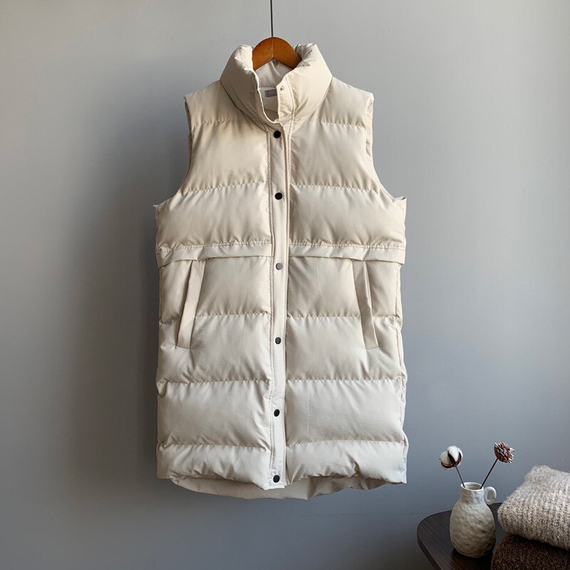 Gilet Long Chic en coton pour femmes, manteau, montant, , Gilet femme, hiver dessus: Beige / M