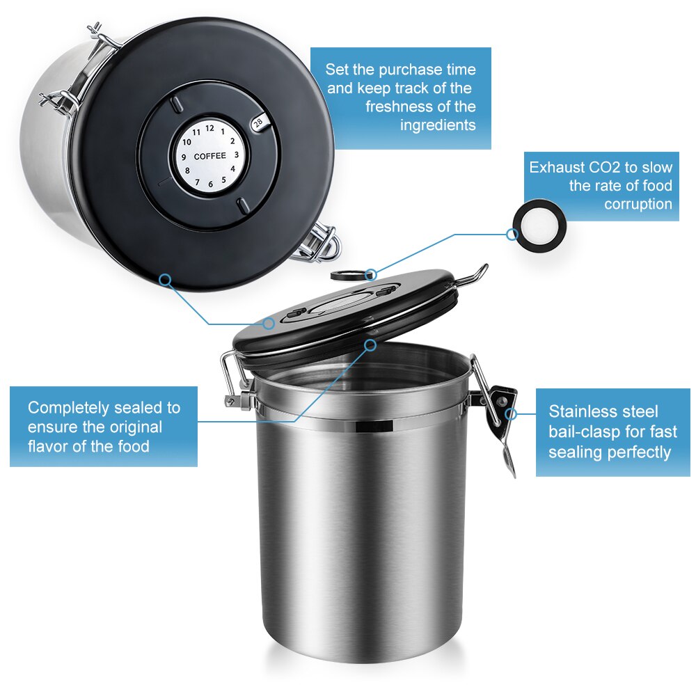Recipiente hermético de acero inoxidable con cuchara, contenedor para harina de café y azúcar, lata para almacenar botellas, frascos para granos de café.