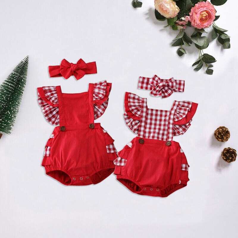 2 STUKS Baby Baby Meisje Xmas Rompertjes Hoofdband 2 stuks Backless Ruche Mouw Plaids Print Romper Overall Outfit Sunsuit