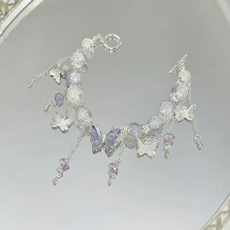 Pulsera de cuentas con colgante de mariposa y flores de cristal rosa coreano para mujer, pulseras de cadena de cuentas dulces, de joyería para novia