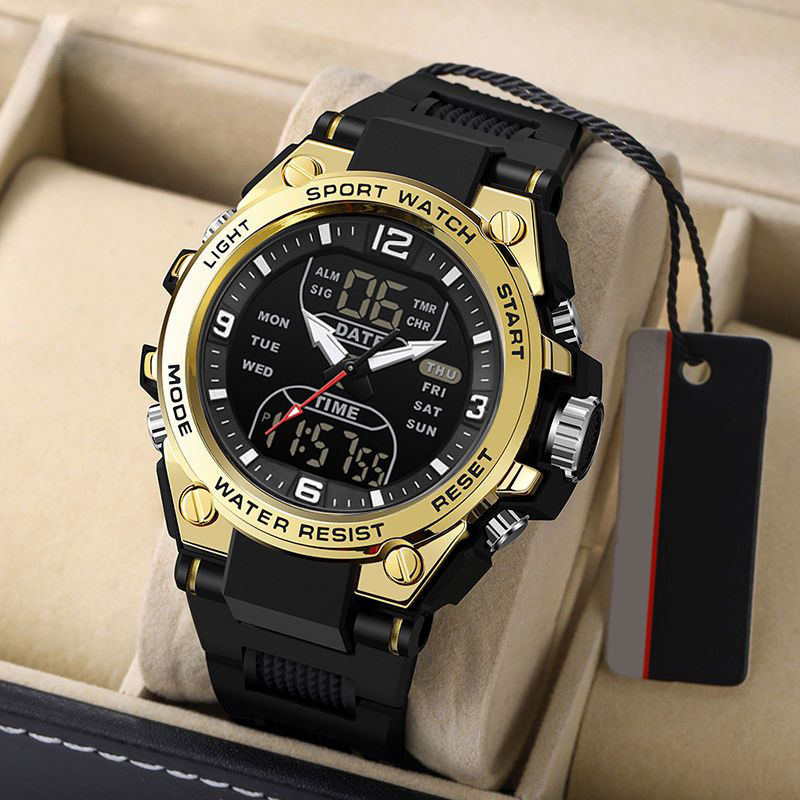 Reloj de pulsera de para hombre, reloj deportivo juvenil multifuncional de , reloj electrónico de doble pantalla: Oro