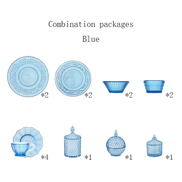 1:6 doll house mini model furniture accessories Glass texture combination （Including cups and saucers, fruit plates, salad bowl: blue