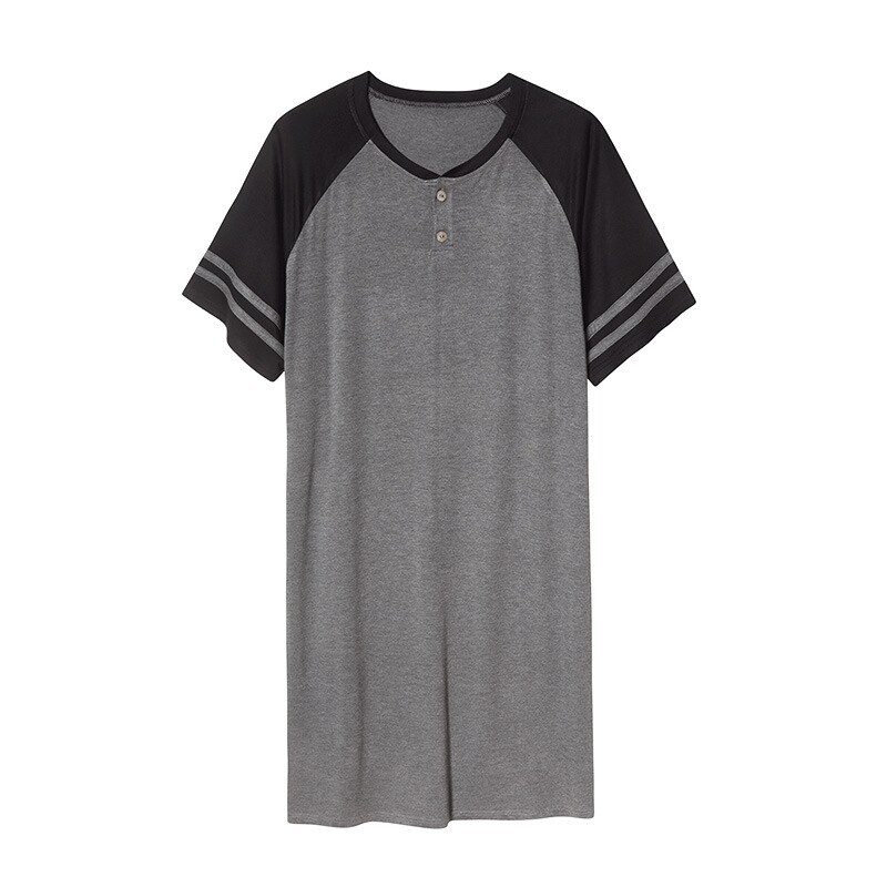 Losse Plus Size Slapen Jurk Mannen Nachtkleding Zachte Modal Katoen Gewaad Mannelijke Nightgowns Korte Mouw Rompertjes Pyjama Homewear Gewaden: gray black / XXXL