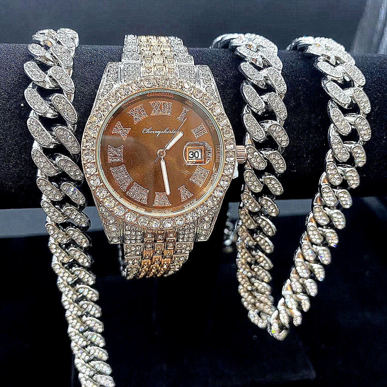 Montre entièrement glacée pour hommes, Bracelet, collier, ras du cou, bijoux bling-bling, grande chaîne en or, Hip Hop, ensemble de montre