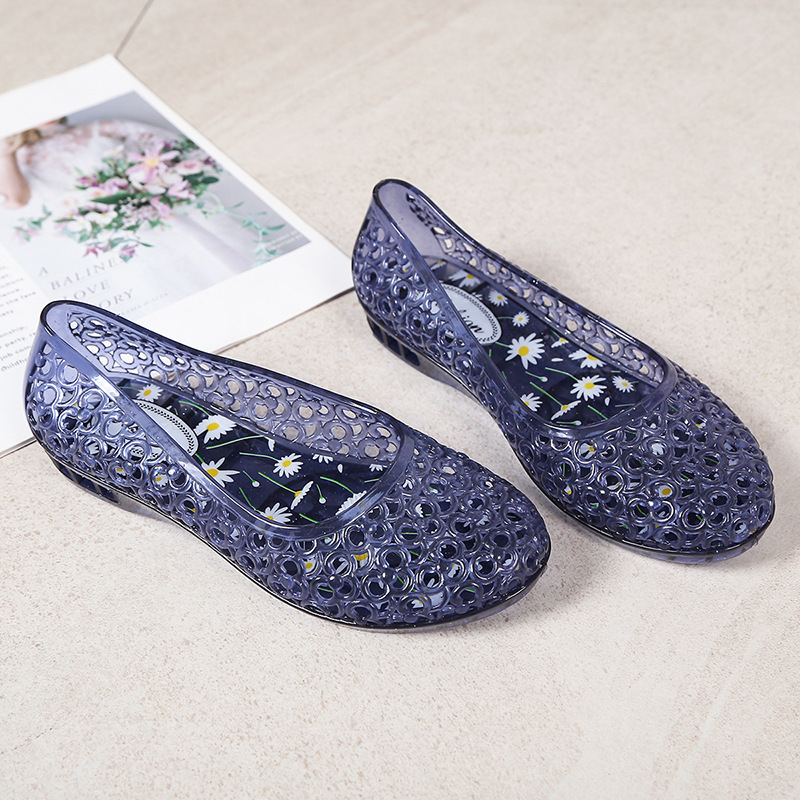 Sandalias De Mujer, Sandalias planas con lentejuelas para Mujer, zapatos De gelatina para playa para Mujer, Sandalias planas transparentes: Negro / 36