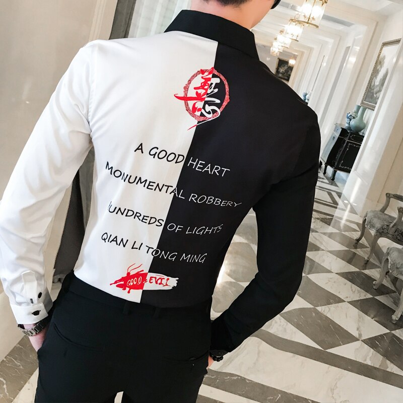Casual skjorter slim fit festtøj bluse mænd efterår mænd skjorte patchwork farve streetwear skjorter mænd langærmede herre