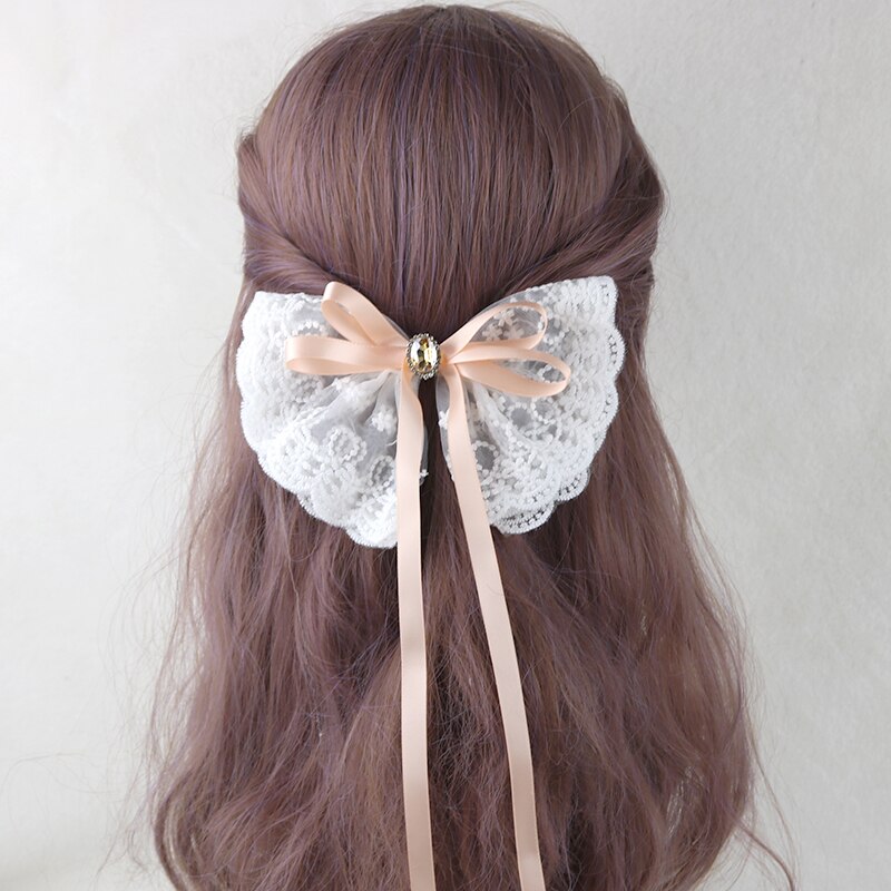 Japanse Lolita Meisje Lange Streamer Haarspeld Prinses Clip Handgemaakte Strik Kant Haar Accessoires Vrouwen Paardestaart Clip: Honey pink