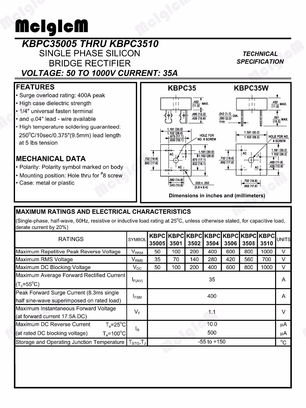 MCIGICM 35A 1000V diode bridge rectifier kbpc3510