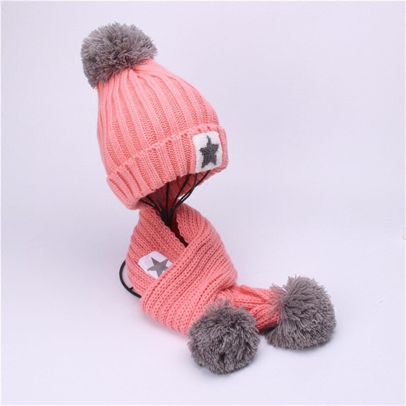 Winter warme kinderset met muts en sjaal voor kinderen, gebreide fluwelen muts, sjaal, babymeisje, jongen, effen pompon, muts, sjaal: Roze