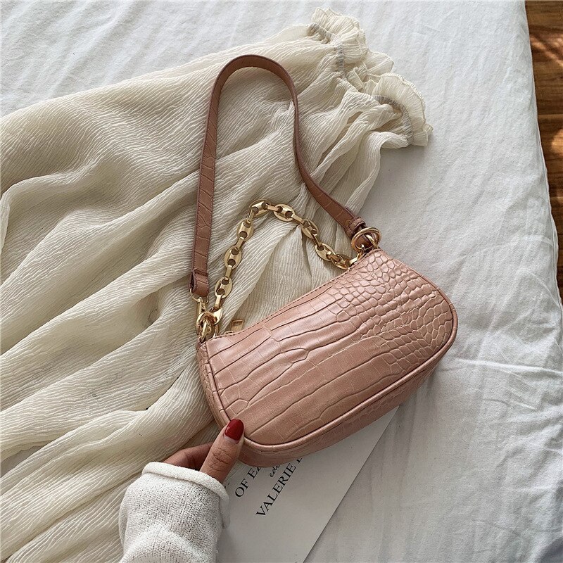 Crocodile Pattern Baguette bags MINI PU Leather Shoulder Bags For Women Chain Luxury Handbag Female Travel tote: Pink