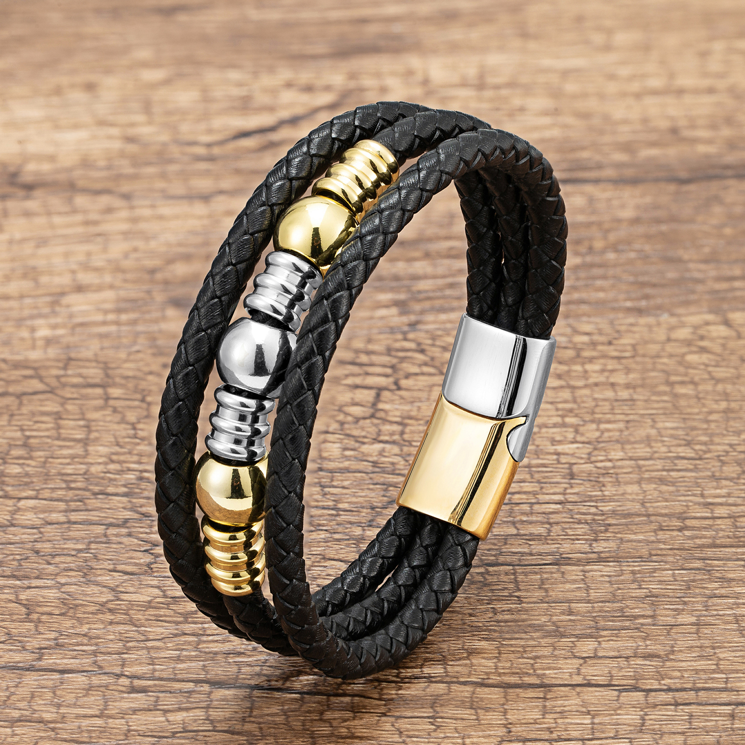 Hot Trend ręcznie tkane bransoletki ze skóry mężczyzn klasyczny Design koralik ze stali nierdzewnej bransoletka dla mężczyzn biżuteria prezent: White-Gold Metal / 23cm