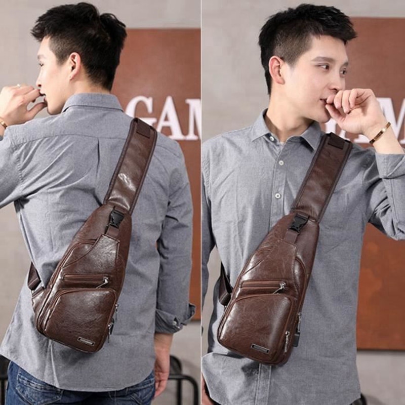 Sac de poitrine pour homme avec Port de Charge sac USB rétro bandoulière en cuir Pu Vintage sac d'affaires pochette pour Sport marron foncé