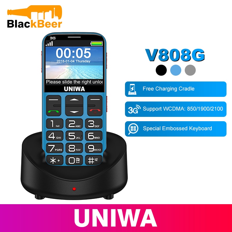 Uniwa V808G Mobiele Telefoon 3G Wcama Sos Knop 1400Mah 2.31 Inch Scherm Oude Man Cellphone Zaklamp Torch Mobiele telefoon Voor Ouderen